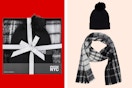 2 stock images of the black plaid Madden NYC women's beanie and scarf set (packaged and unpackaged) 