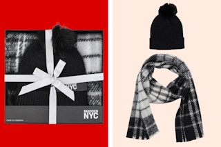 2 stock images of the black plaid Madden NYC women's beanie and scarf set (packaged and unpackaged) 
