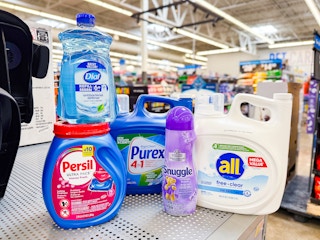5 different laundry products at Walmart store: Dial soap, Persil, Purex, Snuggle & all