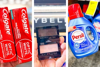 collage image of colgate toothpaste, maybelline eyeshadow, and persil detergent