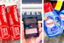 collage image of colgate toothpaste, maybelline eyeshadow, and persil detergent