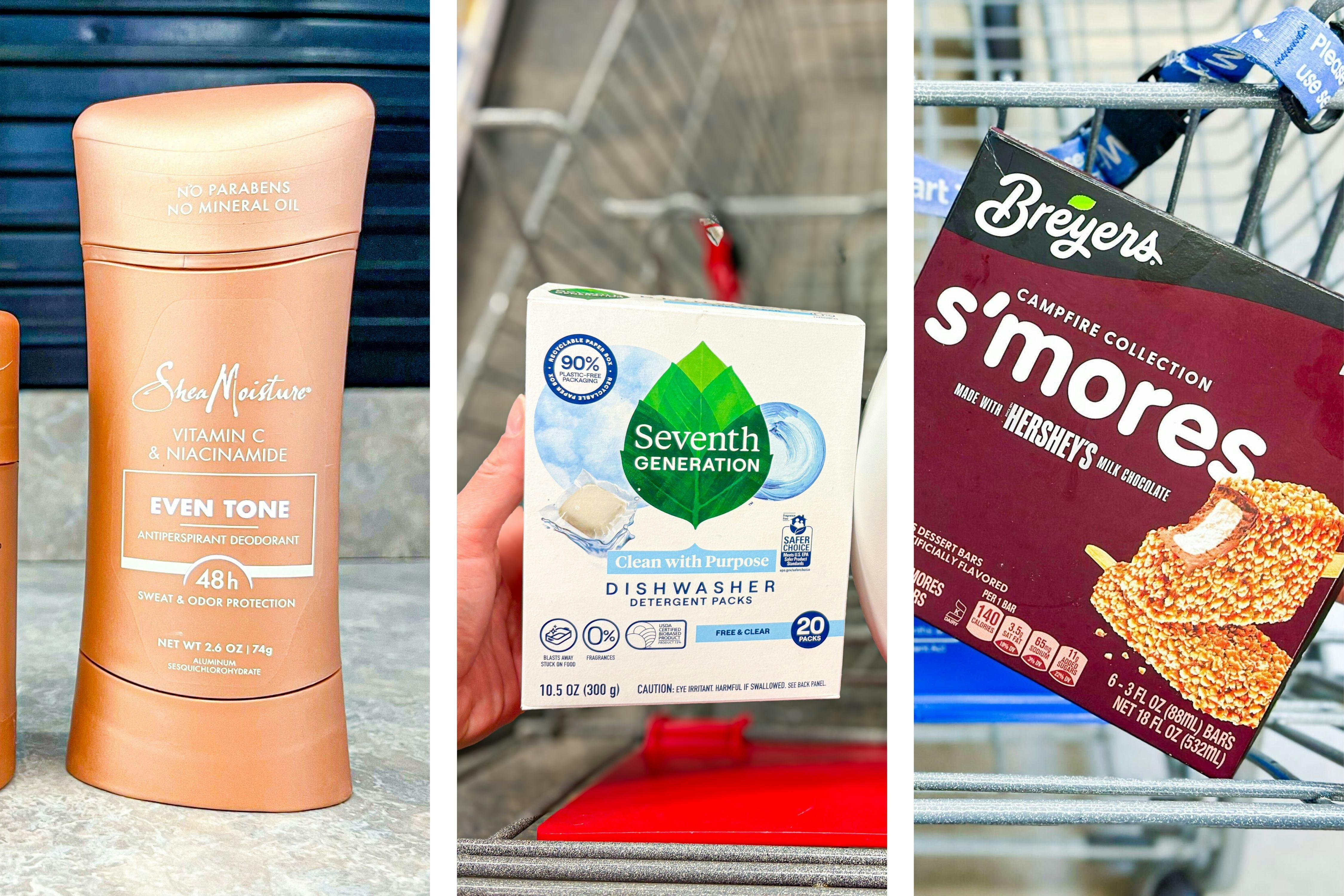 collage image of sheamoisture deodorant, seventh generation dishwasher pods, and breyers smores bars