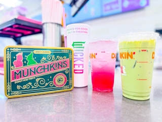 an image of the wicked munchkin tin and pink and green drinks at dunkin