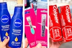 collage image of nivea lotion, one+other nail clippers, and colgate toothpaste