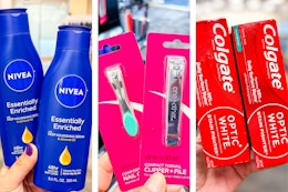 collage image of nivea lotion, one+other nail clippers, and colgate toothpaste