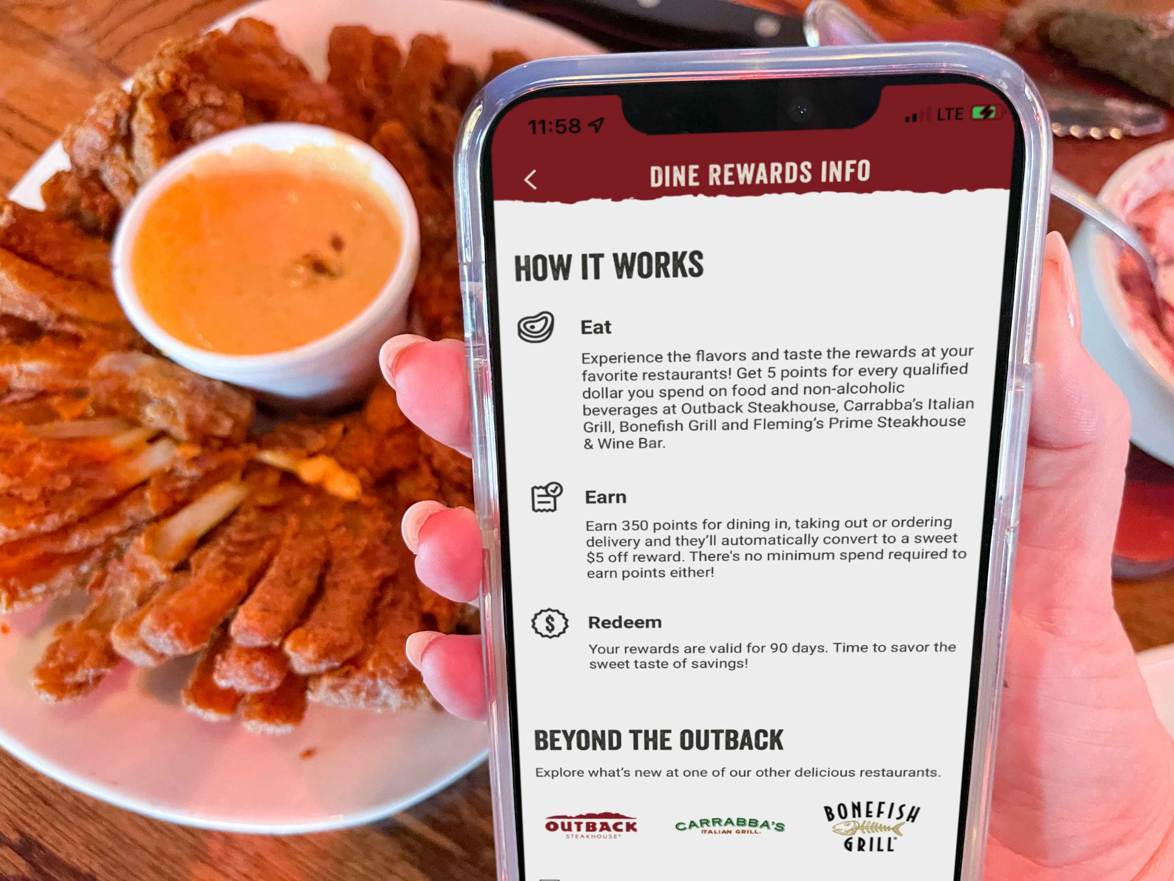 A person's hand holding their phone displaying Outback Steakhouse's Dine Rewards Info in front of a plate of a Bloomin' Onion