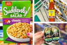 dollar tree sheba, suddenly salad, louisiana hot sauce 3-photo collage