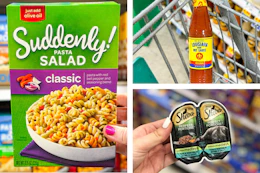 dollar tree sheba, suddenly salad, louisiana hot sauce 3-photo collage