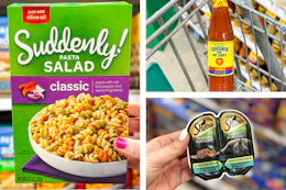 dollar tree sheba, suddenly salad, louisiana hot sauce 3-photo collage