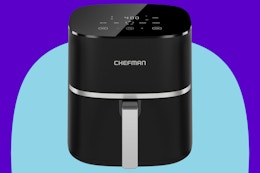 Chefman TurboX 4-in-1 Air Fryer on a blue background.