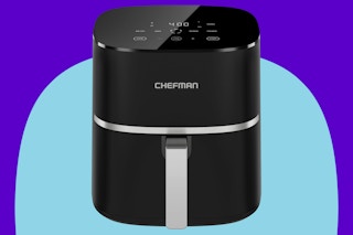 Chefman TurboX 4-in-1 Air Fryer on a blue background.