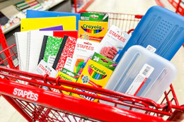 Staples shopping cart with school supplies