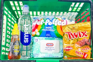 dollar tree groceries in a green basket