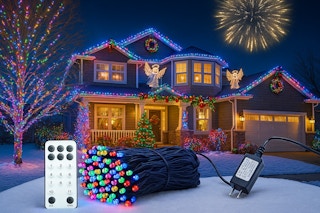christmas lights products being displayed in front of house