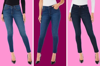 three different pairs of Sofia jeans on a pink and maroon background