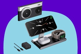 Mukiya Foldable 3 in 1 Magnetic Wireless Charging Station on a blue background.