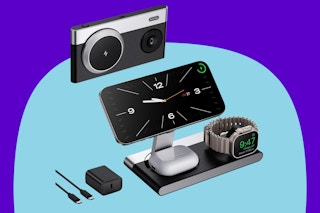 Mukiya Foldable 3 in 1 Magnetic Wireless Charging Station on a blue background.