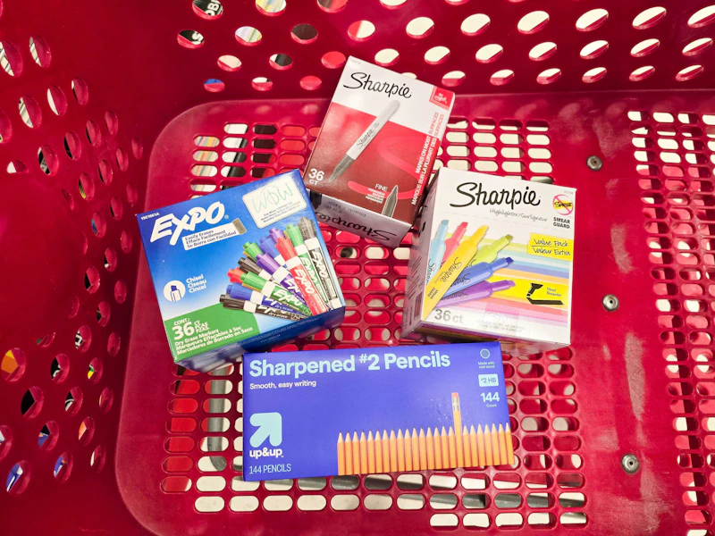sharpie, expo, and up&up school supplies sitting in a target cart