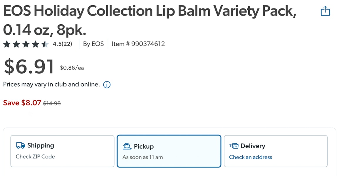 screenshot of eos holiday lip balm 8 pack for $6.91