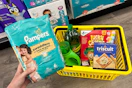 dollar general groceries in a yellow shopping basket