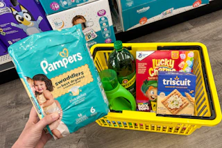 dollar general groceries in a yellow shopping basket