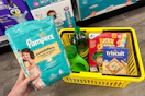 dollar general groceries in a yellow shopping basket
