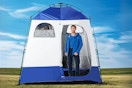 Lifestyle image of the GVDV Camping Shower Tent set up outdoors 