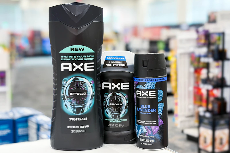 Axe body wash deodorant on a store counter