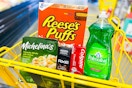 reese's puffs, axe, palmolive, colgate, michelina's in yellow shopping cart