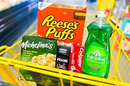 reese's puffs, axe, palmolive, colgate, michelina's in yellow shopping cart