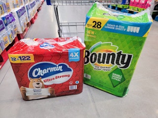 charmin bath tissue & bounty paper towels in front of a cart