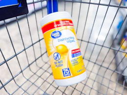 Great Value Disinfecting Wipes in Walmart shopping cart