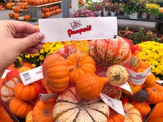 hand holding up the tag on a bag of gourds