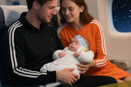 baby wearing earmuffs on plane