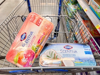 Two packages of Scentiva Mopping Cloths in Walmart shopping cart