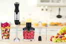 Keylitos 5 in 1 Immersion Hand Blender Mixer on a kitchen counter with fruit.