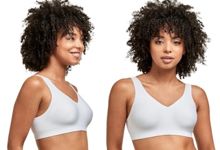 A woman wearing a white Hanes wirefree bra.