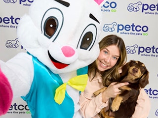 pecto easter bunny selfie with woman and dog