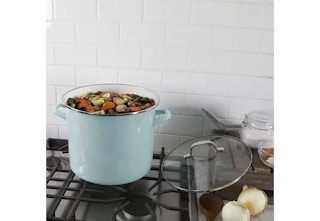 large blue pot on a stove