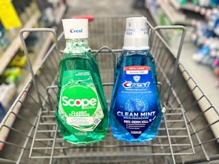 one bottle of Scope and Crest mouthwash inside shopping cart