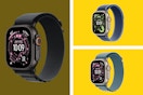 Various Apple Ultra Watch 3s on a yellow and olive colored background.