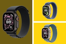 Various Apple Ultra Watch 3s on a yellow and olive colored background.
