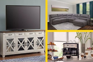 collage image of a tv stand, sectional, and espresso machine