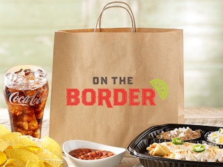 on the border restaurant carry-out bag, drink, chips, salsa, and enchiladas