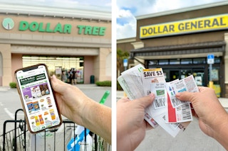 people holding phone and coupons for dollar tree vs dollar general