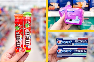 collage of hands holding products including M&Ms tubes, Crest toothpastes, and Walgreens liners