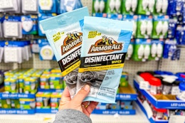 person holding 2 packs of armorall disinfecting wipes