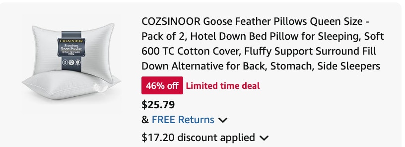 goose feather pillow Amazon receipt