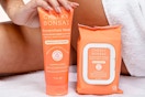Lifestyle image of Cheeky Bonsai products held up next to person's leg (close up shot)
