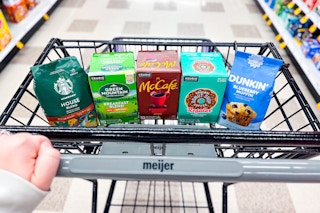 starbucks, green mountain, mccafe, donut shop, and dunkin' coffee in a meijer shopping cart